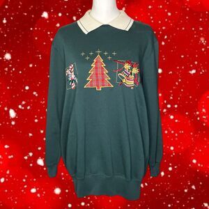 Vintage Bobbie Brooks 80s Christmas Holiday Dark Green White Collar Sweatshirt M